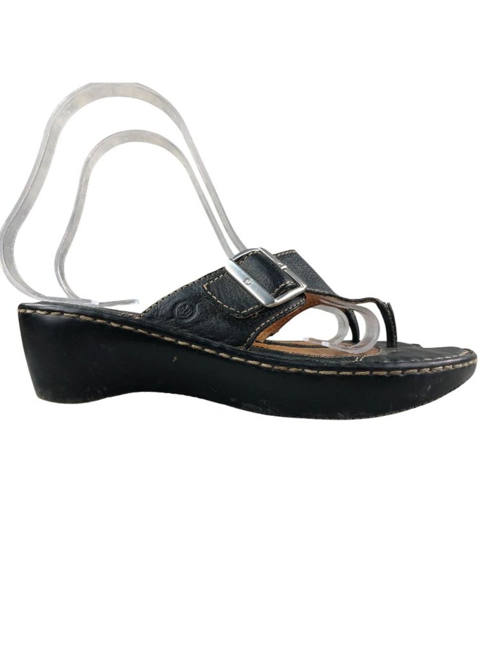 Born Women's Size 8 Black Leather Open Toe Wedge Heel Buckle Thong Sandals FAIR